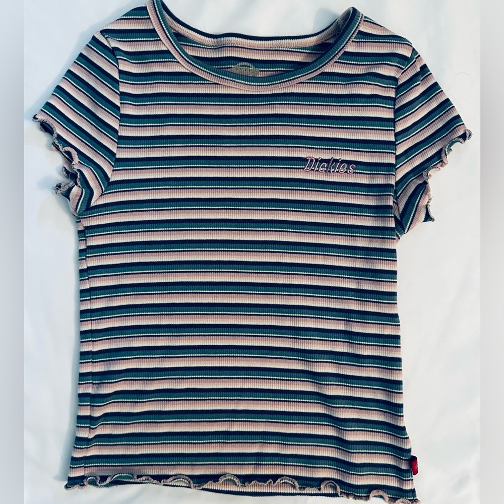 Dickies multi color top blue and pink strips ribbed and short sleeve